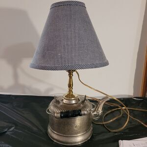 Vtg Nickel Plated Teapot Electric Lamp W/blue Checkered Shade